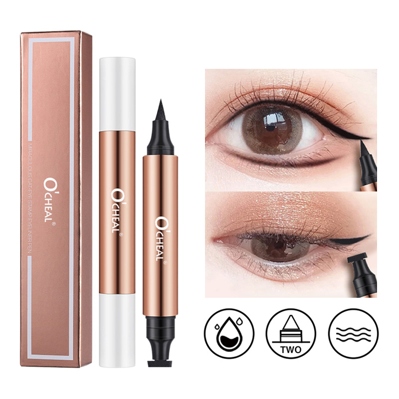 Waterproof Liquid Eyeliner Pen - O'CHEAL アイライナースタンプ黒液体アイライナーペン防水速乾デュアルヘッドアイライナーペンシルメイクアップ女性のための化粧品ツール